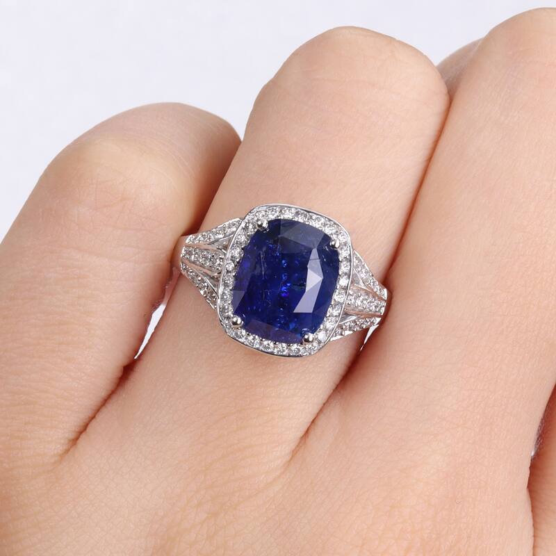 Miadora 5ct TGW Cushion Blue Sapphire and 5/8ct TDW Diamond Halo Cocktail Ring in 14k White Gold