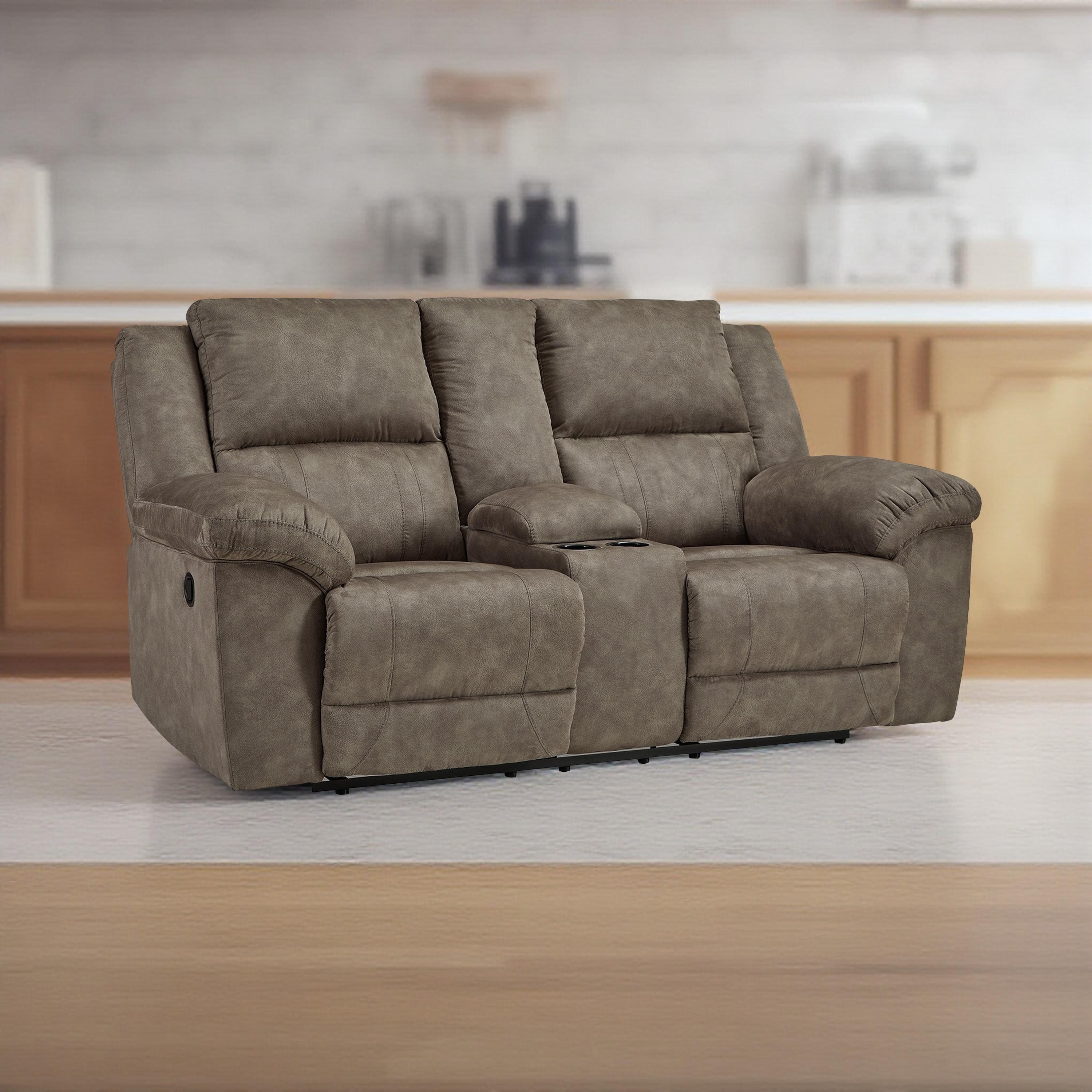 Benjara Larson Manual Double Recliner Oversize Loveseat, Brown Faux Leather