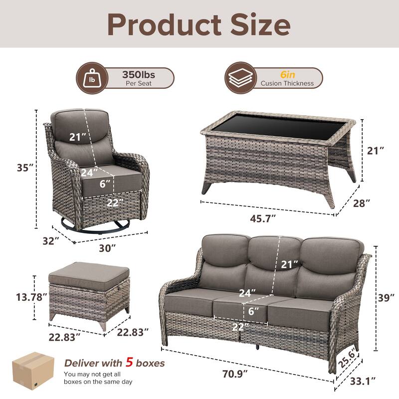 Gymojoy 8-Piece Patio Furniture Set with Swivel Glider Chairs, 6-Inch Ultra-Plush Cushions & Water-Resistant Olefin Fabric