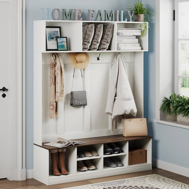Hall Tree with Bench and Storage, Farmhouse 75" H Tall Hall Tree Wood Entryway Shoe Bench with Coat Rack and Storage Shelves - White
