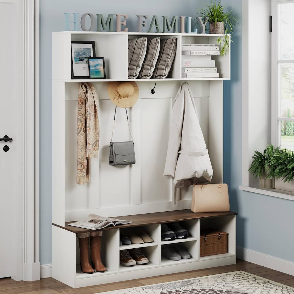 Hall Tree with Bench and Storage, Farmhouse 75" H Tall Hall Tree Wood Entryway Shoe Bench with Coat Rack and Storage Shelves