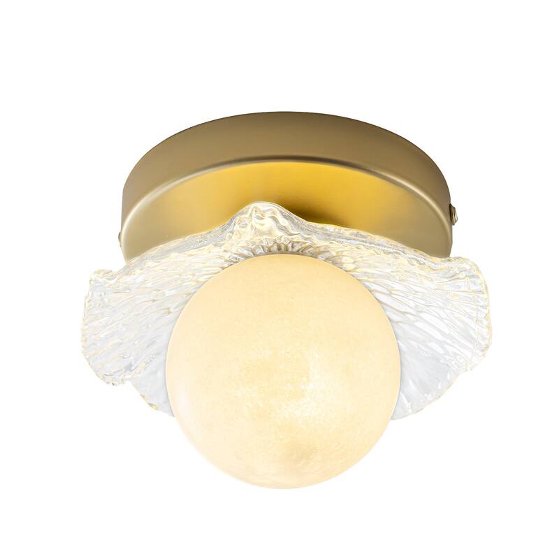 Gold Lotus Leaf Textured Glass Plate Wall Sconce Moon Globe Lampshade