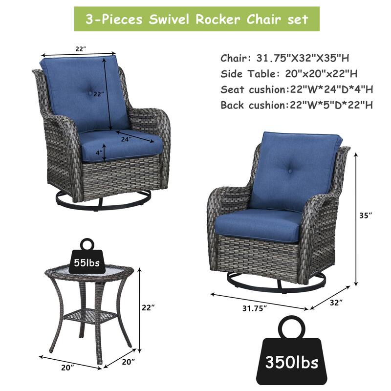 Pocassy 3-Piece Outdoor Swivel Bistro Set, Wicker Rocking Chairs