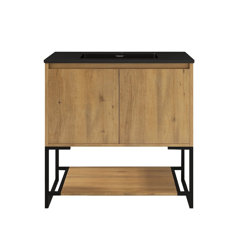 Freestanding Bathroom Vanity Set in Oak with Integrated Solid Surface Sink