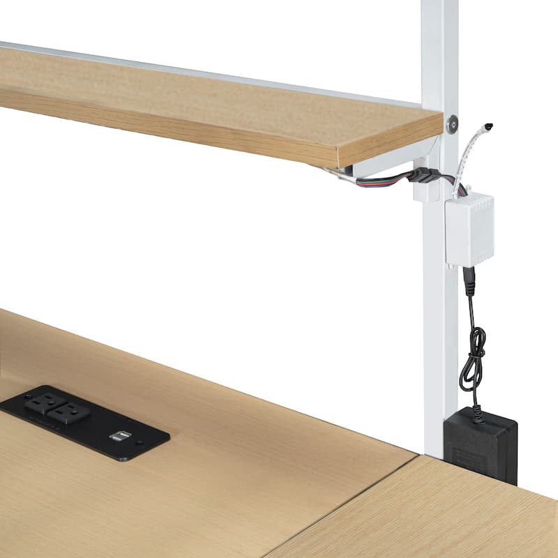 Metal Loft Bed Twin Size Bed Frame with Long Desk and Several Storage Shelves Under the Bed, Controllable LED & Charging Station