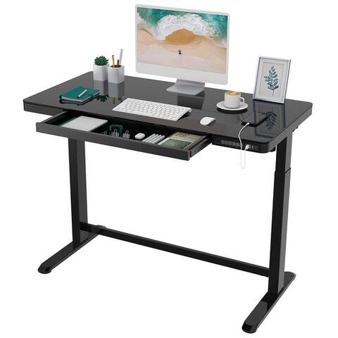 FlexiSpot 48x24 Glass Desktop Electric Home Office Height Adjustable Standing Desk Computer Desk With Drawer USB Charged