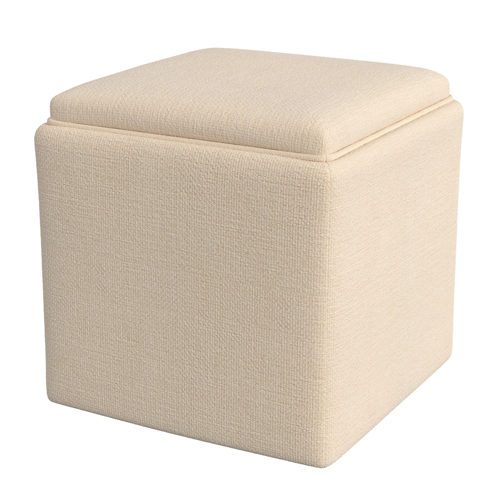 Soa 18 Inch Square Tray-Top Storage Ottoman in Soft Beige Woven Fabric