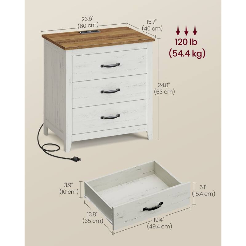 Rustic Farmhouse 3 Drawer Nightstand End Table with Power Outlets and USB Ports for Bedroom