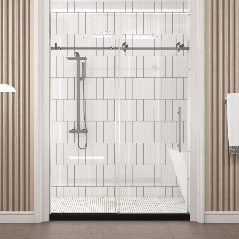 60x76 in. Sliding Shower Door, Frameless Tempered Glass with Stainless Handle, Quiet Wheels, Leakproof - Brushed Nickel