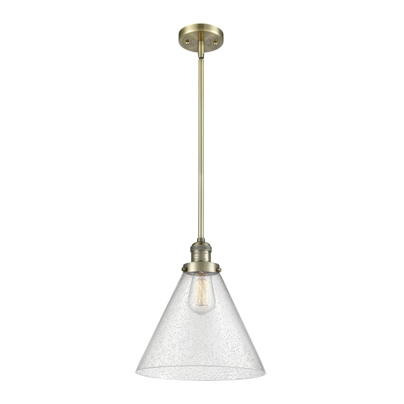 Innovations Lighting Franklin Restoration Cone - 1 Light 12" Stem Hung Mini Pendant - Antique Brass/Seedy