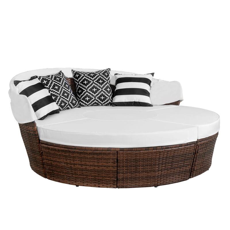Ledel Wicker Outdoor Daybed 5-piece Sectional Sofa Set With Retractable Canopy and Cushions