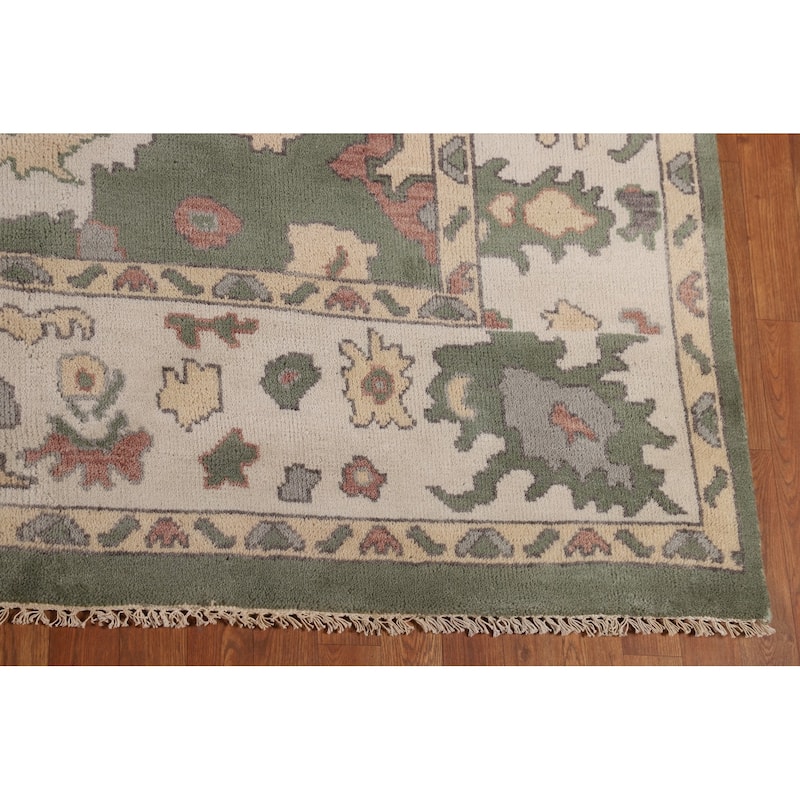 Green & Ivory Floral Oushak Oriental Area Rug Handmade Wool Carpet - 9'1" x 11'11"