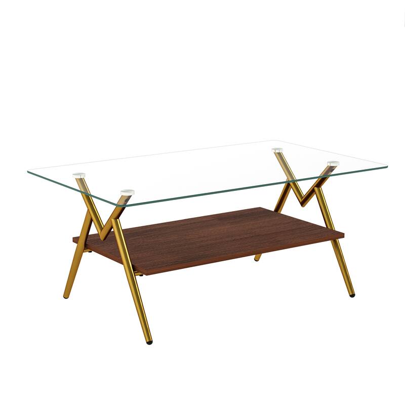 Rectangle Coffee Table with Tempered Glass top and White Metal Legs - N/A