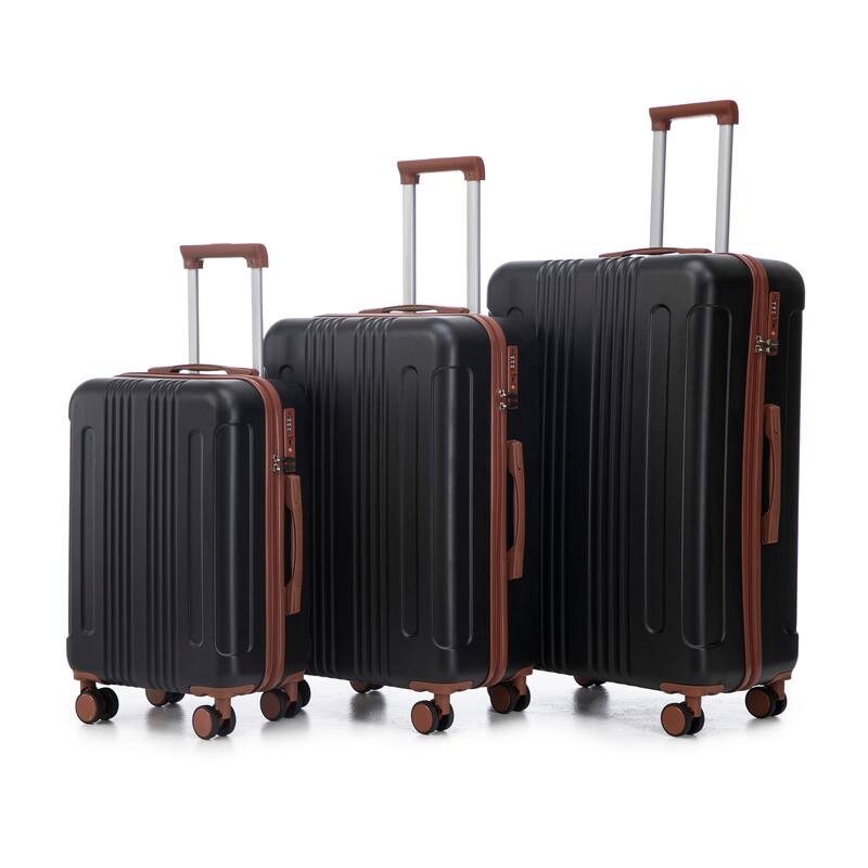 3 PCS in ABS Spinner Wheel Luggage, Carry on Suitcase, TSA Combination Lock - Black+Brown