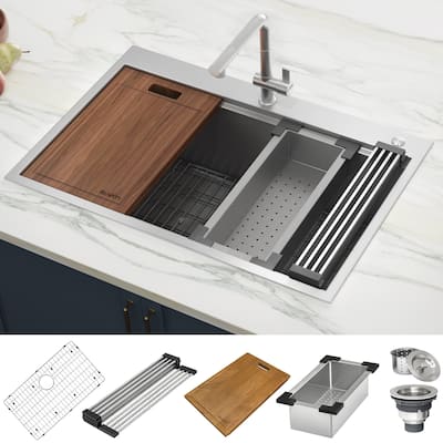 Ruvati 33 x 22 inch Workstation Ledge Drop-in Topmount Kitchen Sink 16 Gauge Stainless Steel Single Bowl - RVH8003 - 33" x 22"