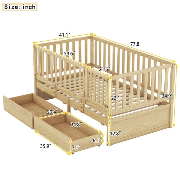 dimension image slide 0 of 3, Twin Size Daybed with Fence Guardrails and 2 Drawers