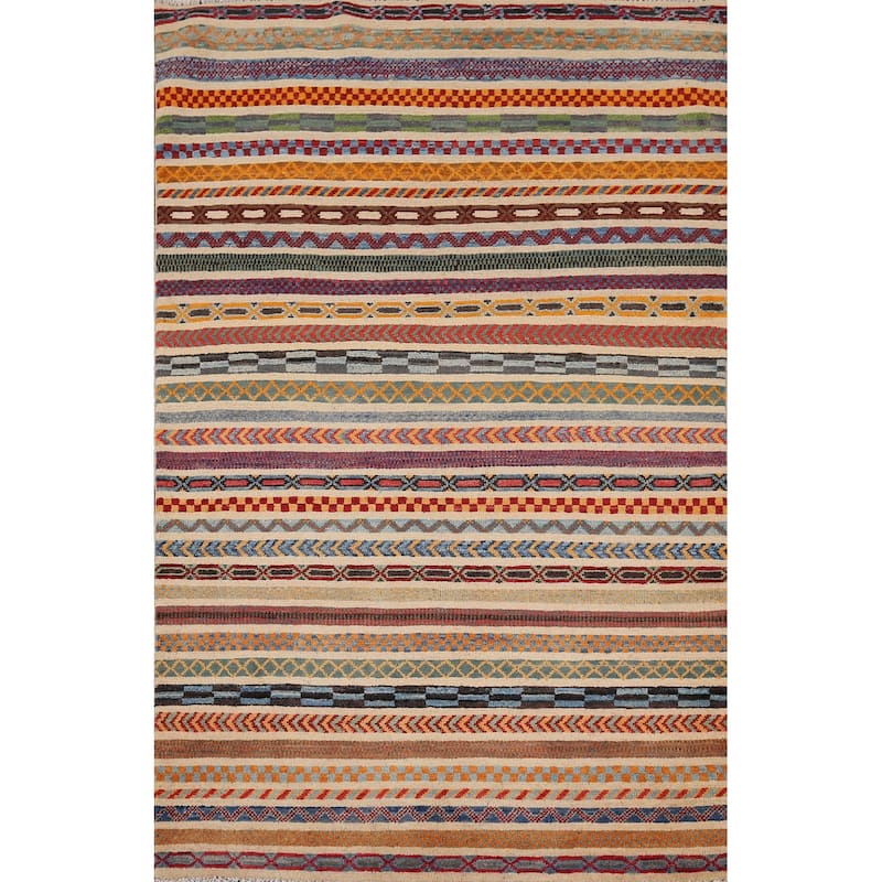 All-Over Striped Kazak Oriental Area Rug Hand-Knotted Wool Carpet - 3'11" x 5'11"