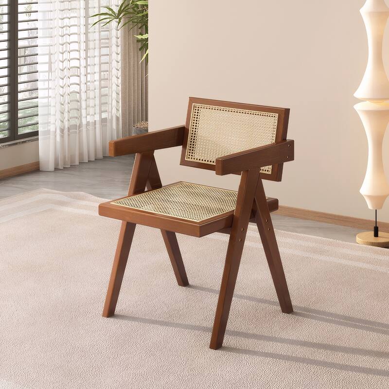 Mid-Century Accent Chairs with Rattan Back & Arms (Set of 2)