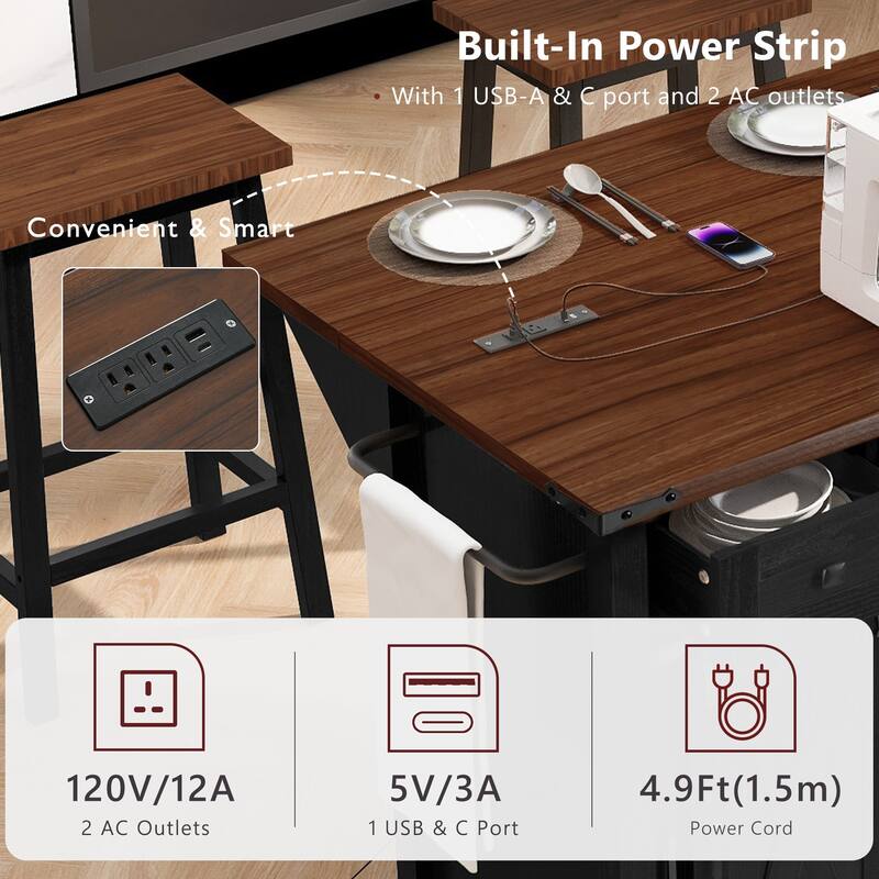 Anmytek Farmhouse Kitchen Island Cart with Drop Leaf and Power Outlets - Rolling Cart with Barn Doors and Metal Grid Side Door