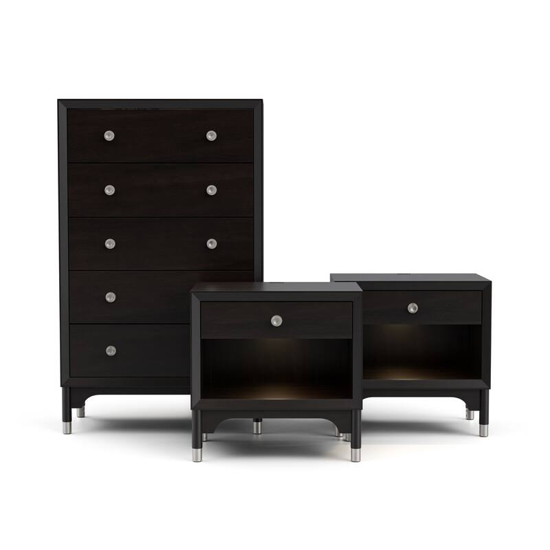 Furniture of America Forma Mid-Century Modern 3-Piece Black Chest and 2 Nightstand Bedroom Set