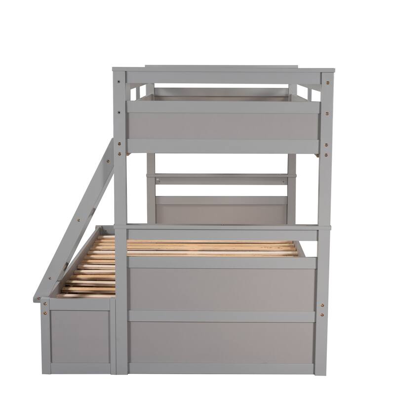 Twin over Full Bunk Bed with Storage in Gray, Space-Saving Design with Drawers
