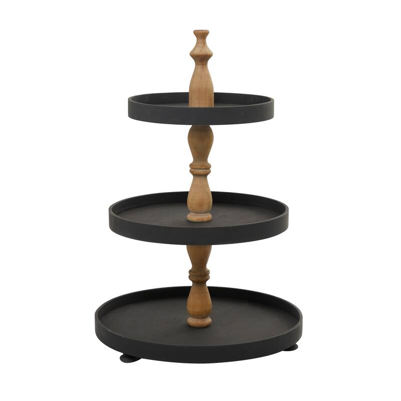 Sleek Stylish Wood 3 Level Tiered Server with Solid Wood Post - Black or White