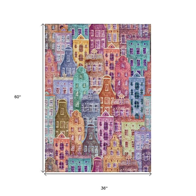 HomeRoots Village Houses Transitional Rectangle Outdoor Rug