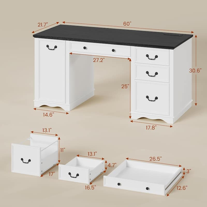 Executive Desk with Drawers Computer Desk File Drawers Power Outlet LED Lights Storage Cabinet