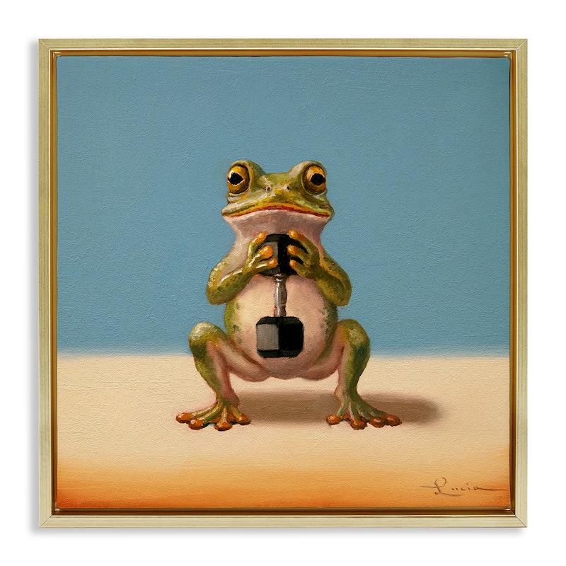 Stupell Frog Lifting Weights Framed Floater Canvas Wall Art Design By Lucia Heffernan - 25 x 25 - Gold