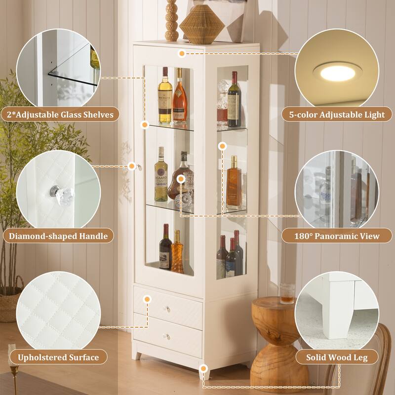 Anmytek 71'' Freestanding Upholstered Display Cabinet, Upholstered Glass Door Cabinet with Ceiling Light,Wine Cabinet