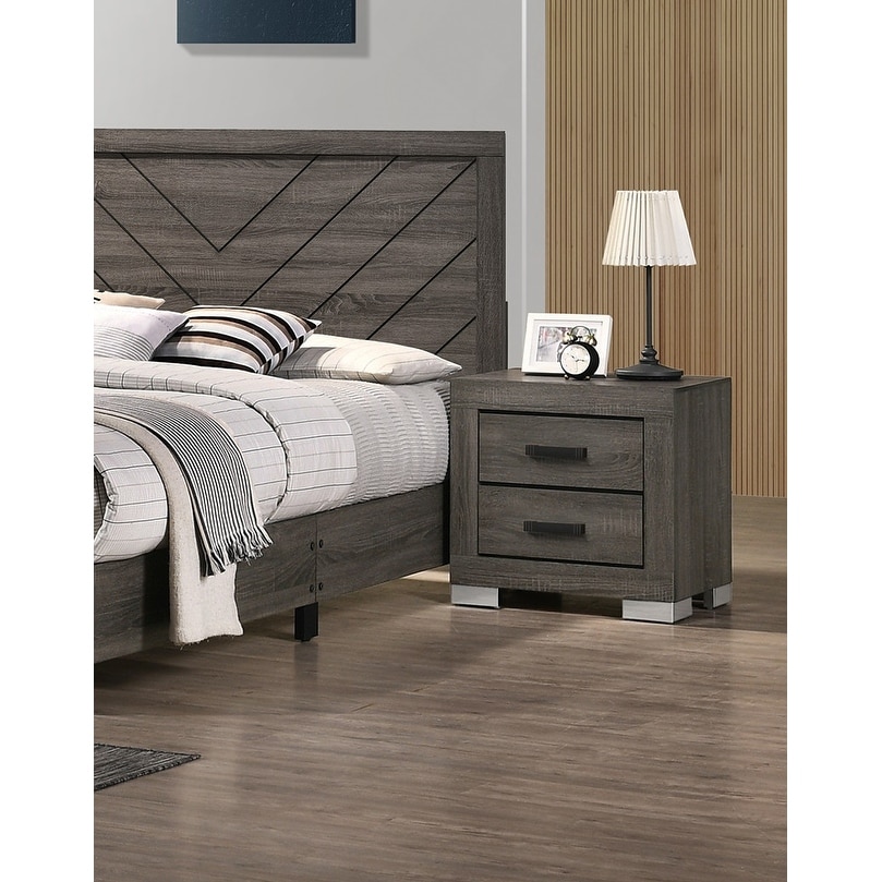 Traditional Grey Wooden Nightstand with Bar Handle Pull - Gray