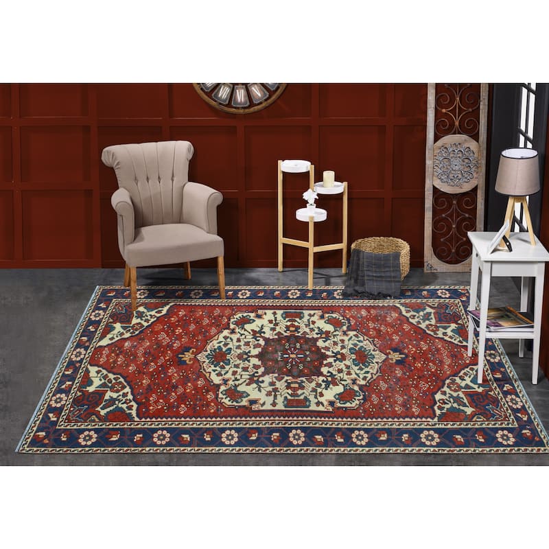 Fine Vintage Distressed Ormond Rust/Navy Rug - 4'2" x 6'11"