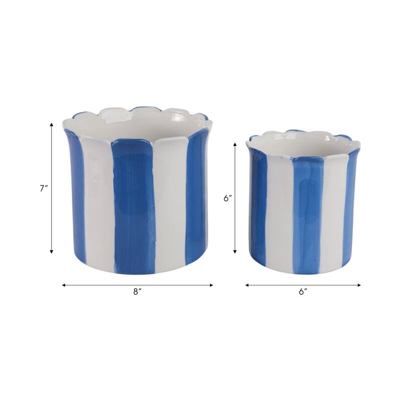 Ceramic Planter Scalloped Edge and Vertical Textured Design (Set of 2) - 8" x 8" x 7"