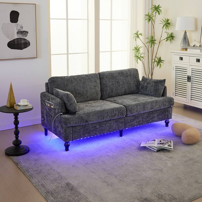 Modern Style Chenille 2-Seater Wood-Legged Sofa With Led Light,USB Charging Port And Storage Bag Living Room Bedroom Study Room
