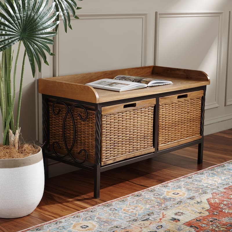 SAFAVIEH Vasilija Antique Pewter/ Light Ash Storage Bench - 33" x 15.7" x 20" - 33Wx16Dx20H - Antique Pewter/Medium Oak