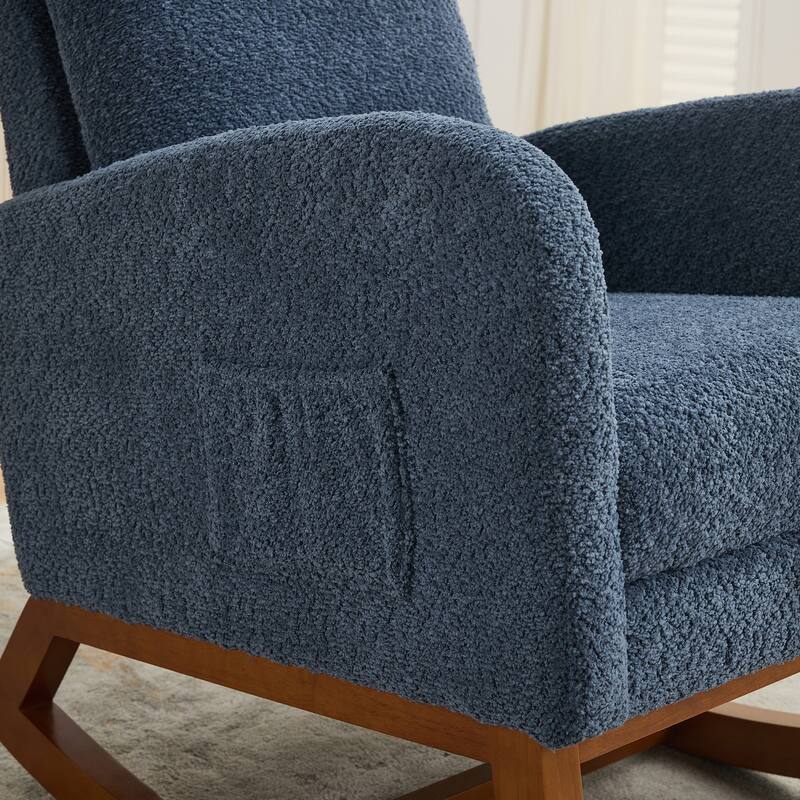 Navy Modern 25.4" High Back Boucle Rocking Chair with Retractable Footrest and Rubber Wood Legs