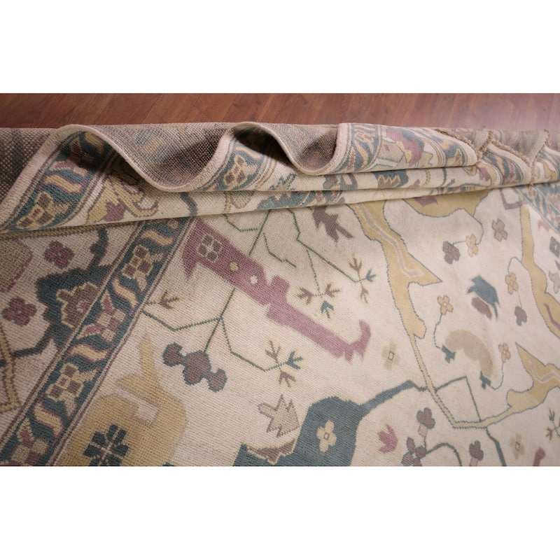 All-Over Ivory Oushak Indian Large Area Rug Handmade Wool Carpet - 12'0" x 14'10"