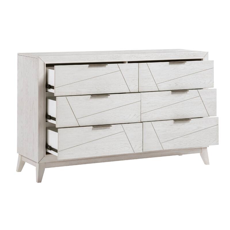 Zine 62 Inch Dresser, 6 Drawers, Antique White Wood, Black Handles