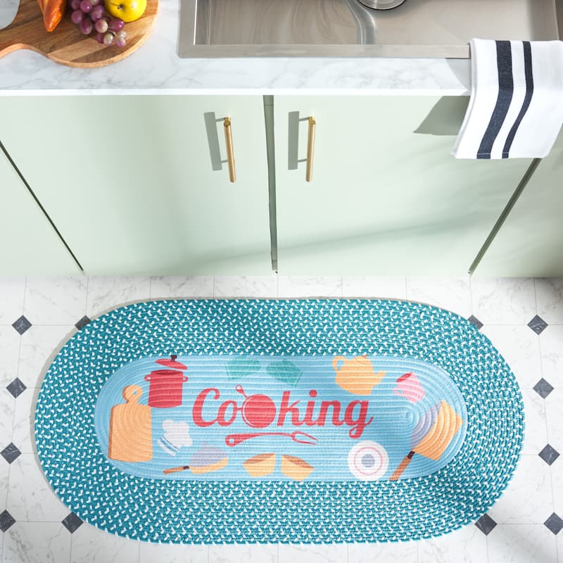 SAFAVIEH Handmade Braided Kitchen Poster Friedeburg Rug - 1'8" x 4' Oval - Light Blue/Blue - 1'8" x 4' Oval