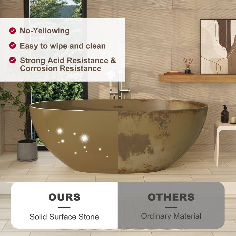 61 in. Freestanding Solid Surface Soaking Bathtub in Camel, Modern Design with Center Drain