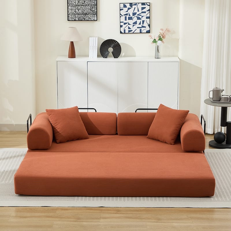 Sofa Bed with 2 Pillows, 3-Seater Convertible Sleeper Sofa, Foldable Couch Loveseat Daybed, No Assembly Required - Orange