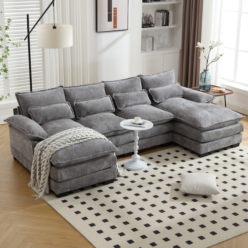 Chenille Upholstered U-Shaped Living Room Sectional Sofa With Wooden Legs - Light Grey