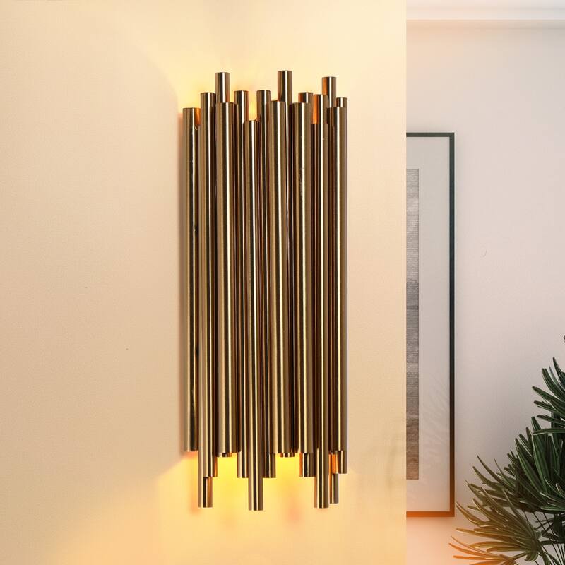 Mid-Century Modern 2-Light Wall Sconces Gold Metal Bathroom Vanity Lights - 5.5" W x 14" H x 3.5" D