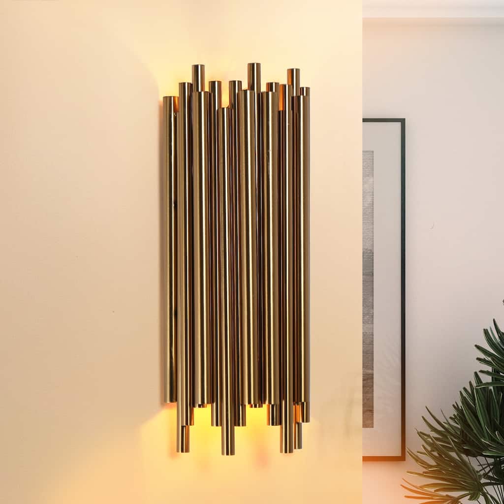 Mid-Century Modern 2-Light Wall Sconces Gold Metal Bathroom Vanity Lights - 5.5" W x 14" H x 3.5" D
