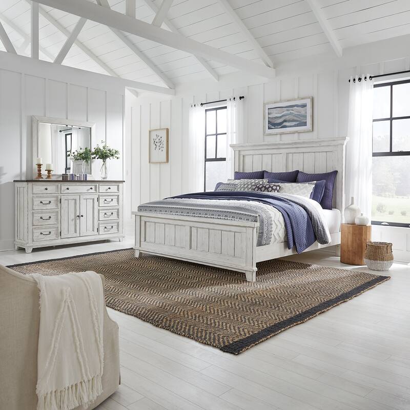 River Place Riverstone White and Tobacco Panel Bed, Dresser & Mirror Set - King