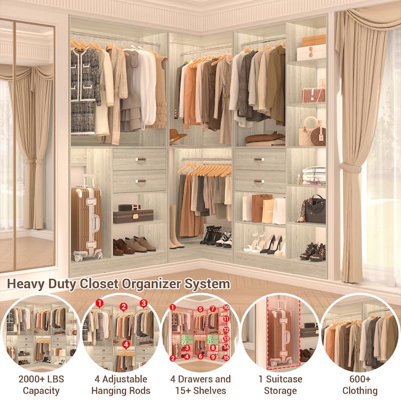Rackcog 71'' - 110'' Set of 3 Freestanding Corner Closet Organizer, Reversible Wardrobe with Hanging Rods