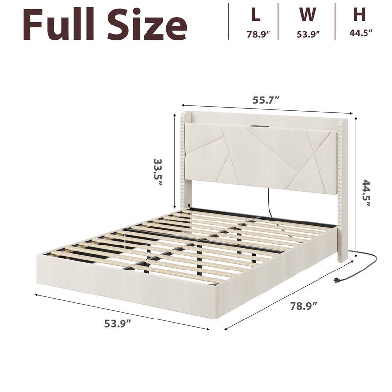 Full/Queen Floating Bed Frame with LED Lights & Charging Station, Upholstered Platform Beds with Storage Headboard