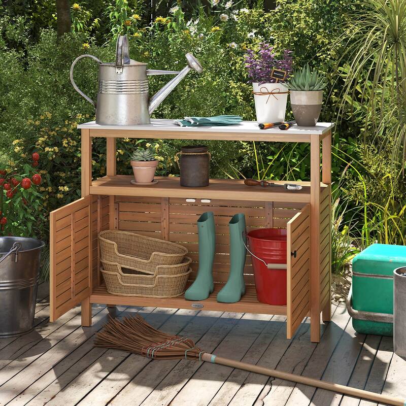 Costway Patio Wood Storage Cabinet with Marble-Like Countertop, Open - See Details