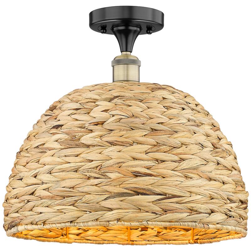 Innovations Lighting 616-1F-14-16 Woven Rattan Semi-Flush Woven Rattan - Black Antique Brass / Natural