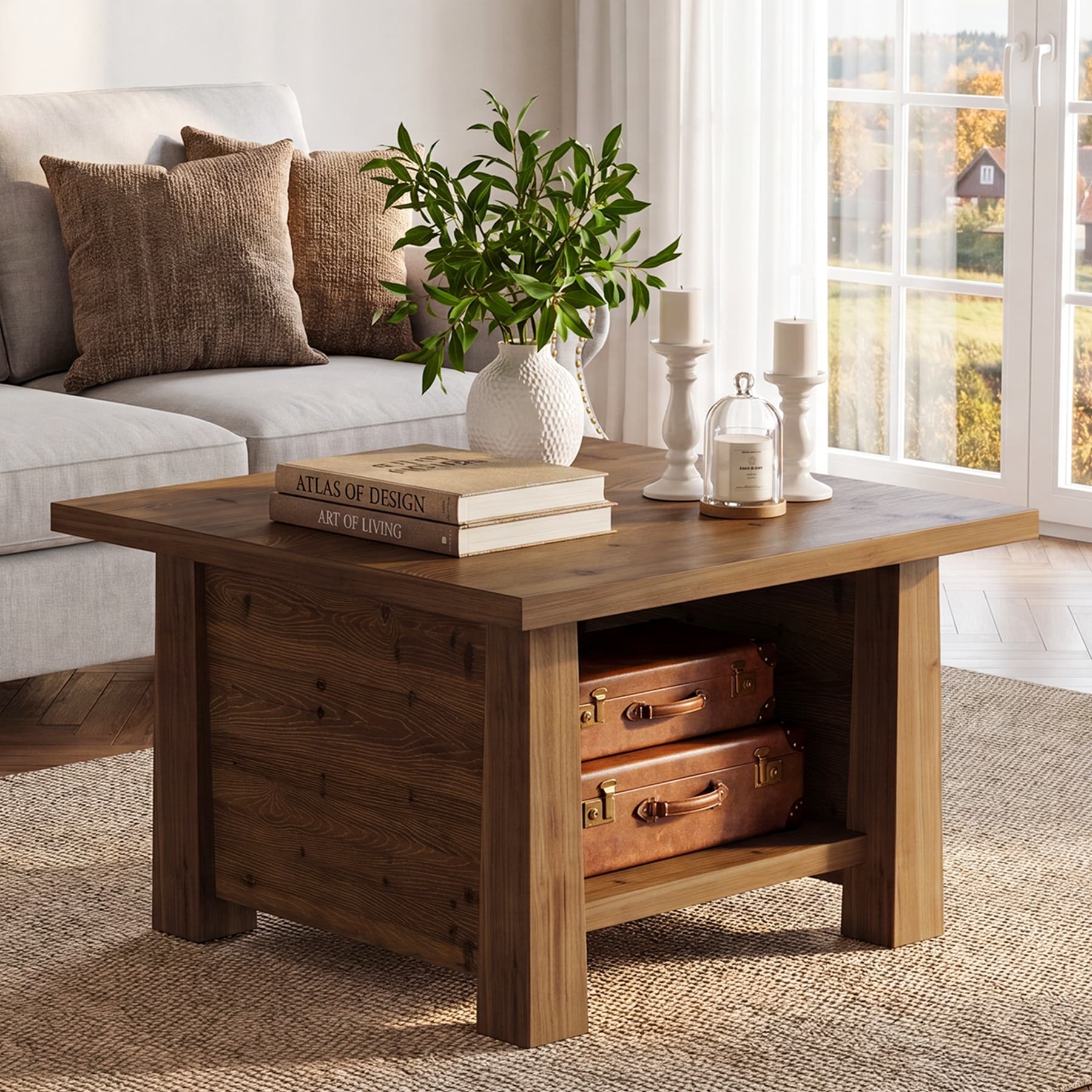 31.5" Farmhouse Solid Wood Coffee Table with Storage Shelf, Easy Assembly